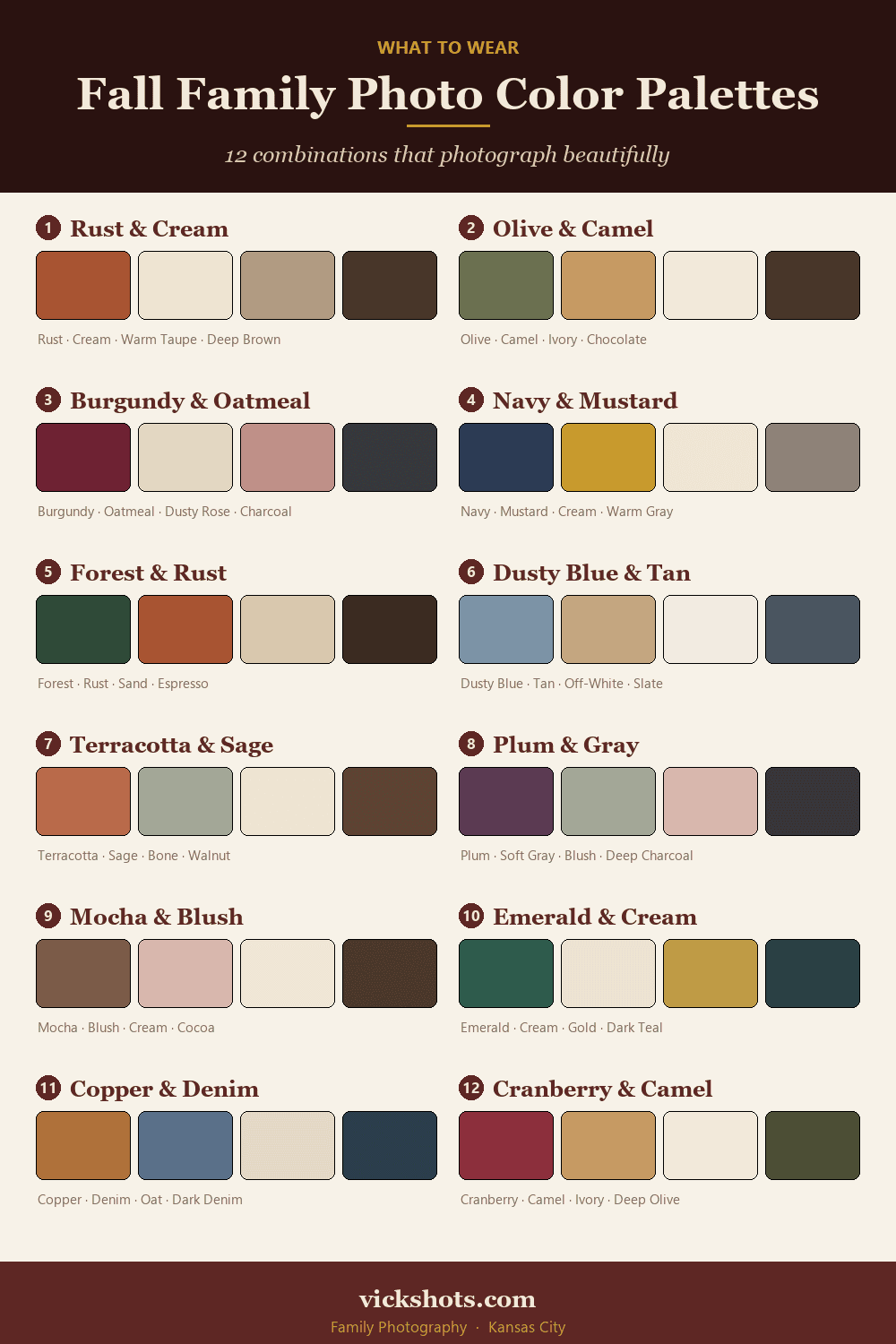 What to Wear for Fall Family Photos: 12 Color Palettes That Aren't Just Orange Chart of 12 fall family photo outfit color palettes with color swatches