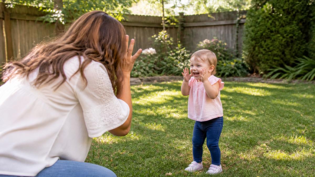 A parent playing peekaboo in a sunny backyard to help kids smile naturally for photos as the toddler laughs.